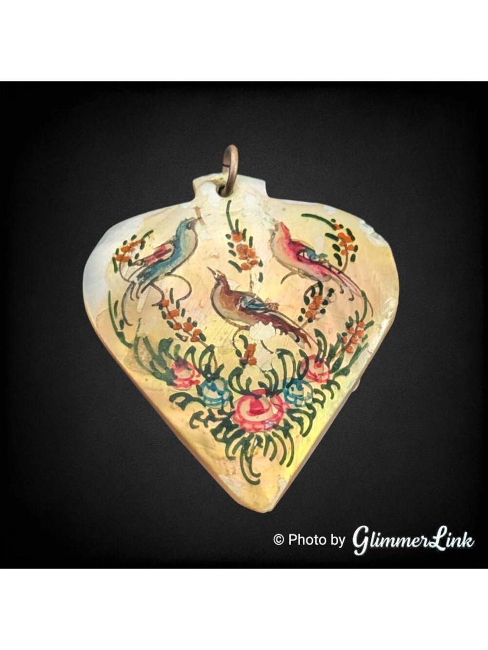 Vintage Mother of Pearl Heart Pendant Hand Painted Birds Floral Shell 1 1/2"